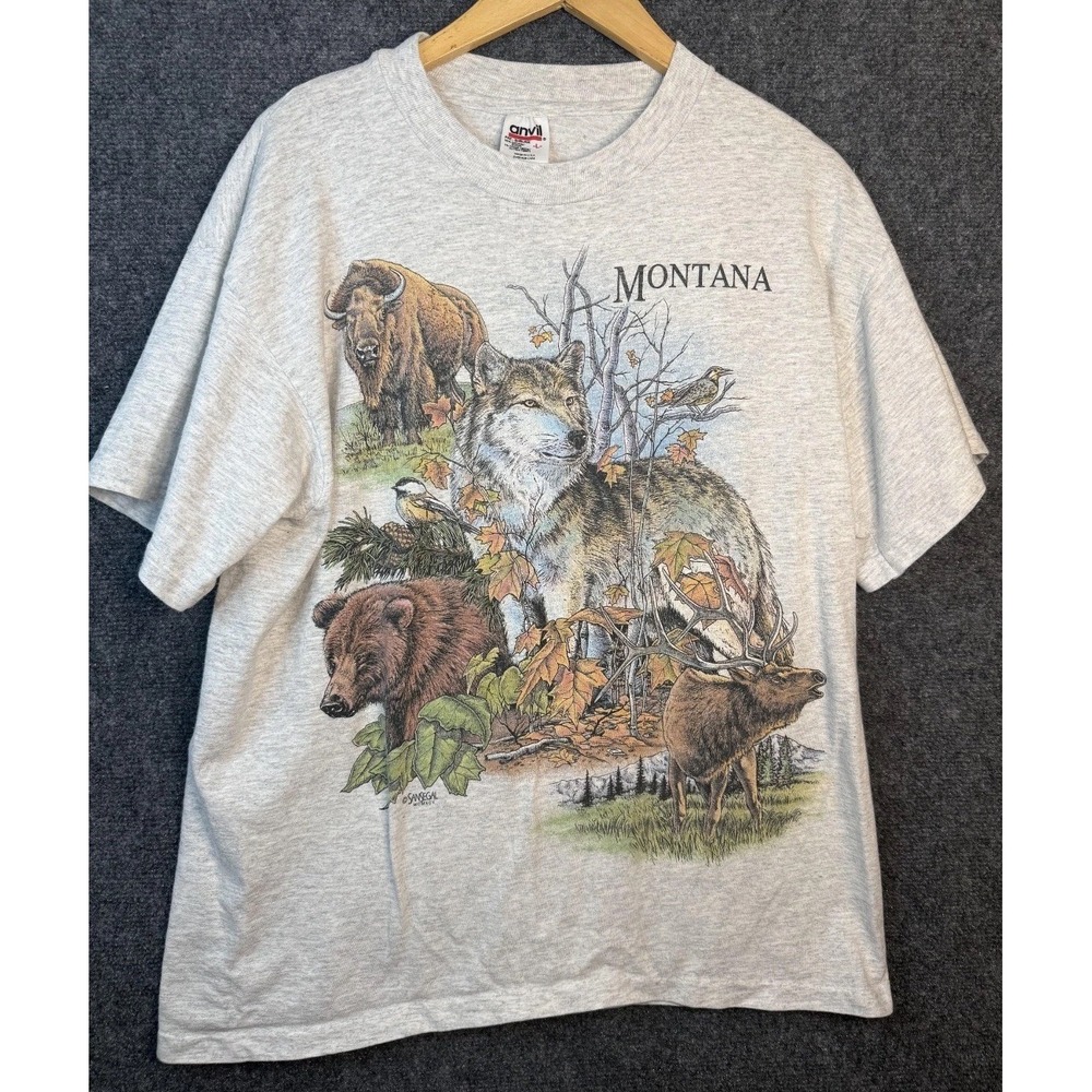 Vintage Anvil Montana Nature Graphic T Shirt Men's Large Gray San Segal Wildlife